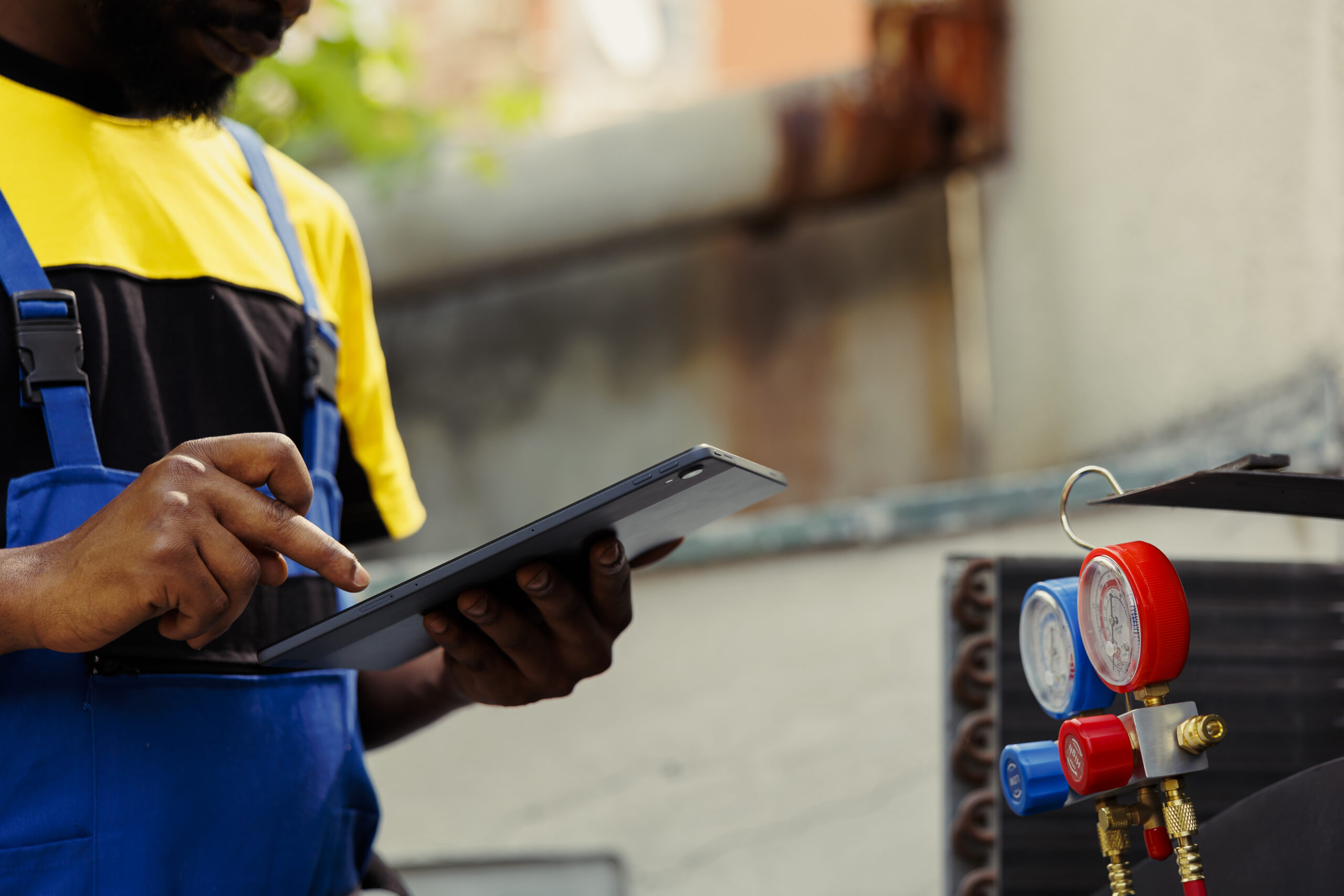 African american electrician doing leak checks and other necessary repairs to prevent major breakdowns. Licensed serviceman verifying air conditioner, writing findings on clipboard